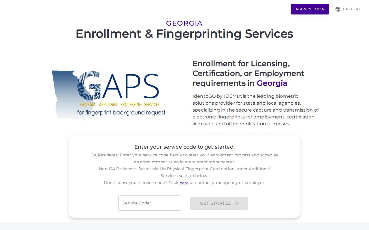 Georgia Applicant Processing Service fingerprint enrollment page
