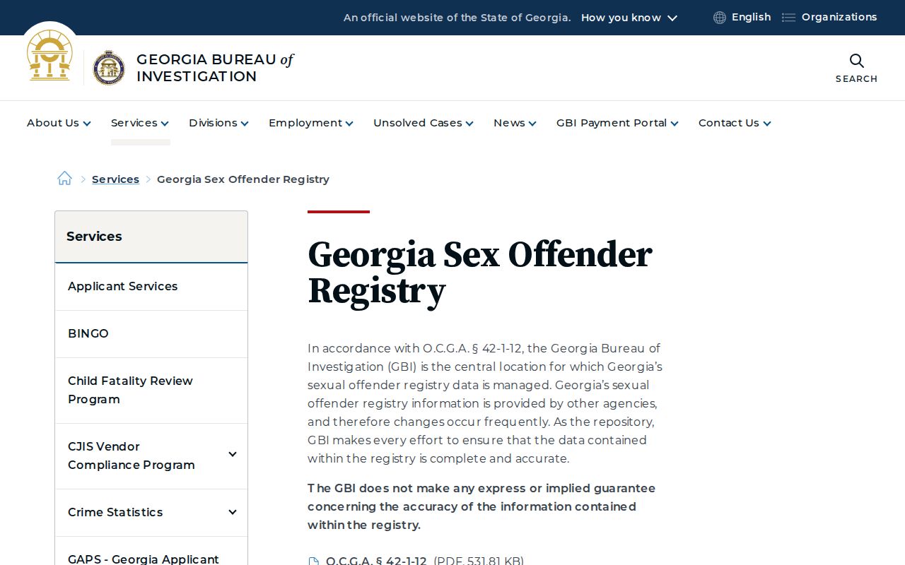 GBI Georgia Sex Offender Registry landing page